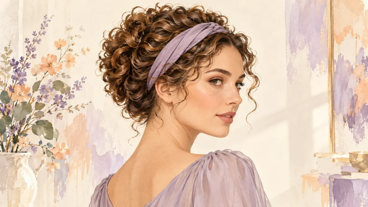 Illustration eines hochgesteckten Lockenlooks mit lilafarbenem Stoffhaarband