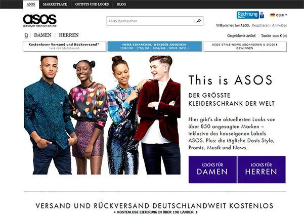 Historischer Screenshot einer ASOS-Shopseite