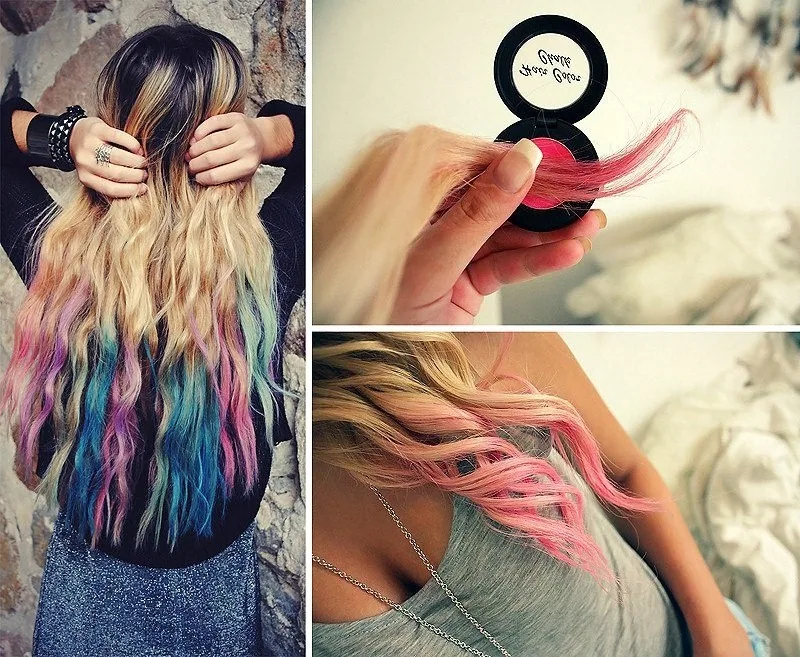 Bildcollage mit bunten Haarsträhnen und Haarkreide